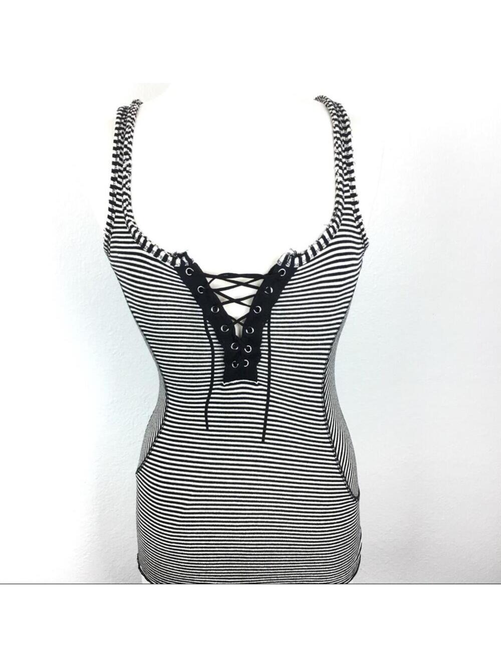 Free People Y2K Black White Stripe Sexy Tank Laceup RARE Wednesday Addams Goth